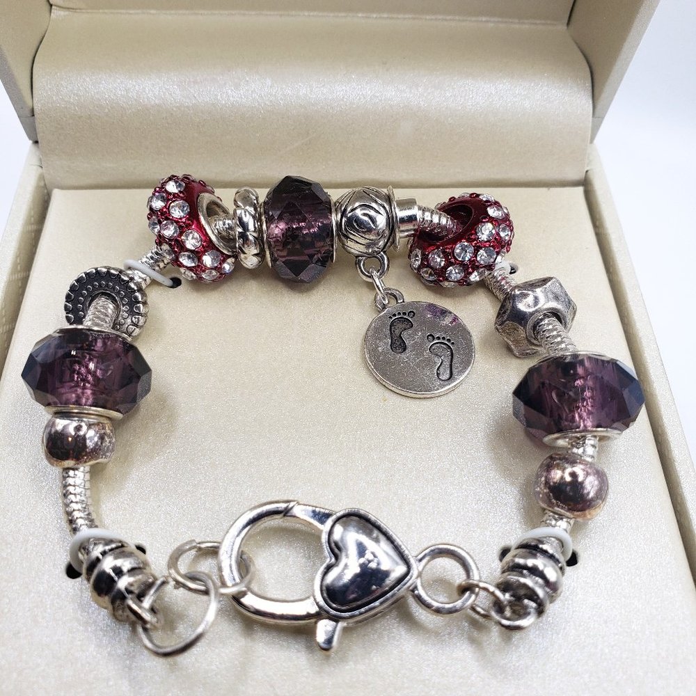 Kim Rogers Silver Bracelet with Purple and Red Crystal Beads